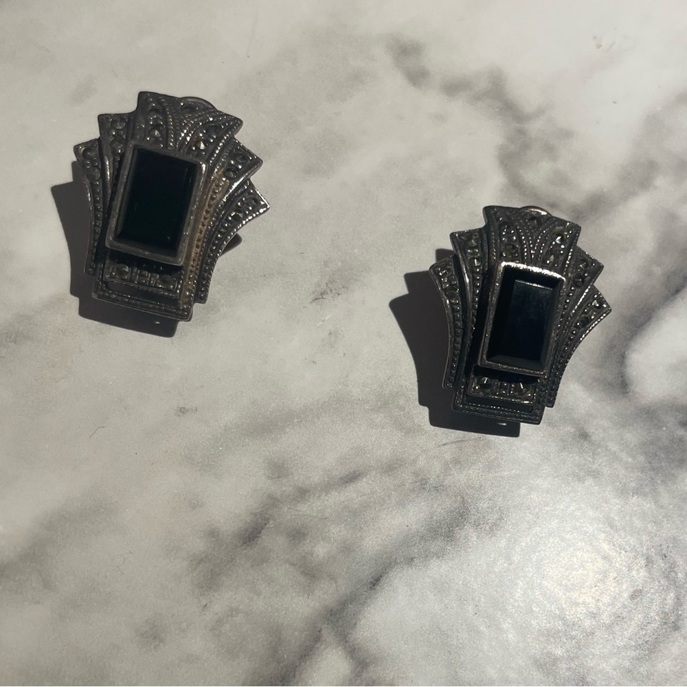 Vintage Black Tourmaline marcasite silver earrings